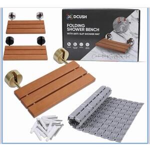 DCUSH - Brass 20” Wide Wall Mounted Teak Folding Shower Bench (Gold Handles)